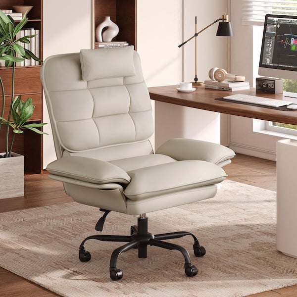 PU Leather Seat High-Back Ergonomic Office Chair in Beige with Adjustable Padded Arms, Swivel Chair with Padded Headrest