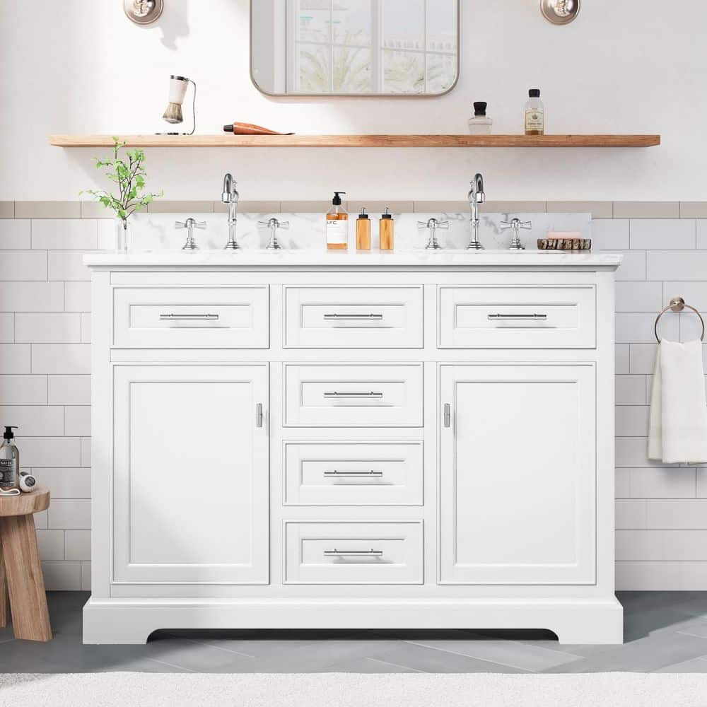 Cherie_Y【美品】the urban blance Jearey 48 in. White Wood Double Sink Freestanding Bathroom Vanity