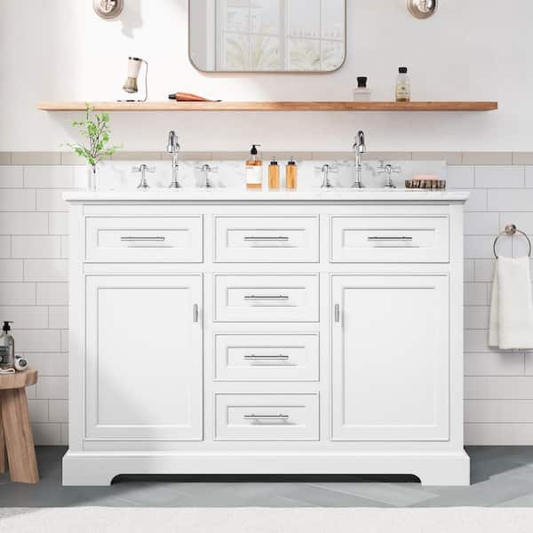 48 in. White Wood Double Sink Freestanding Bathroom Vanity with White Ceramic Top