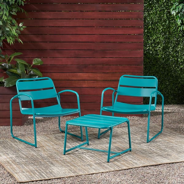 Noble House Cowan Matte Teal 3-Piece Metal Outdoor Patio Conversation Seating Set