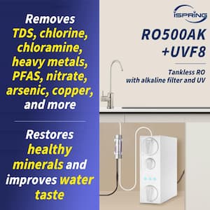 RO500AK-BN+UVF8 Tankless Reverse Osmosis Water Filtration System with Alkaline Filter and LED UVF8 Light, 500 GPD, 2:1