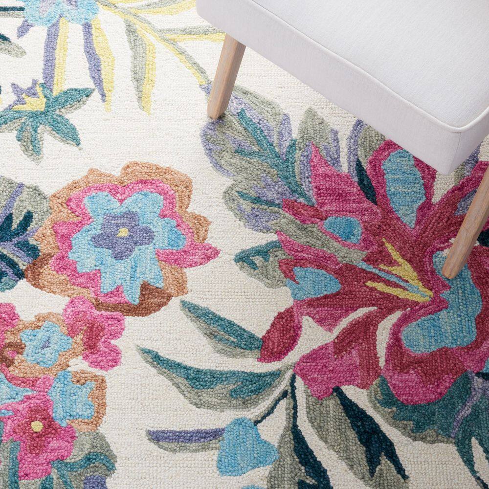 Ivory and Pink Floral Hand-Tufted Wool 4' x 6' Area Rug