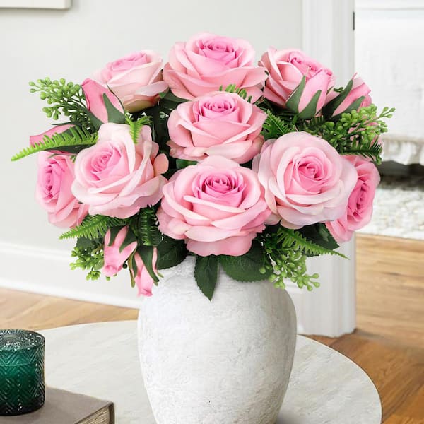 LIVING LUXURY 18 in. Pink Artificial Rose Flower Stem Bush Bouquet (Set of 2)
