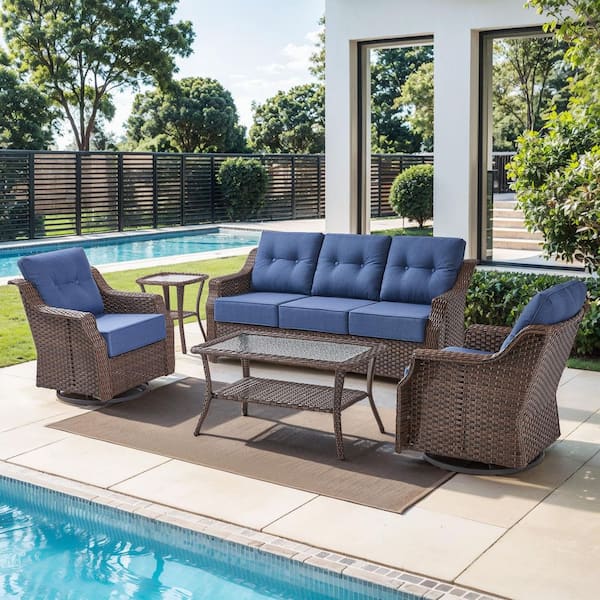 Modern Farmhouse 5-Piece Brown Wicker Patio Conversation Set with 6 In. Blue Olefin Cushions/Outdoor Swivel Chairs
