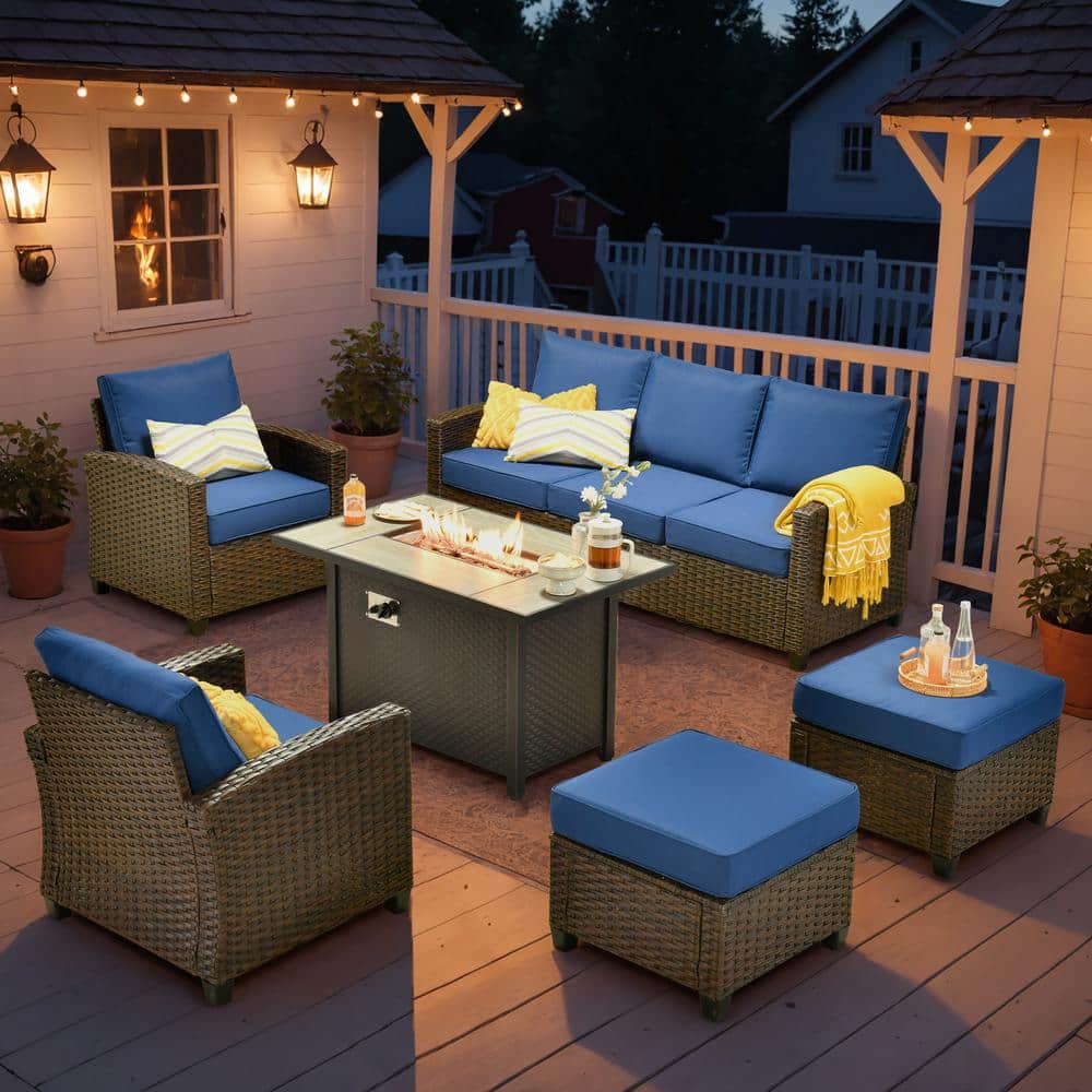 Serena Grey 6-Piece Wicker Outdoor Patio Furniture Conversation Sofa Set with Metal Fire Pit and Navy Blue Cushions price history on PriceWatchPro