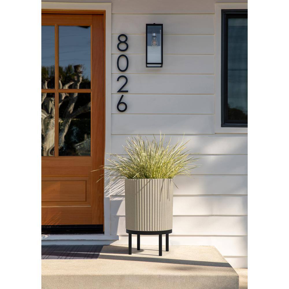 Sandstone and Black 16" Concrete-Composite Planter Set with Acacia Wood Stand