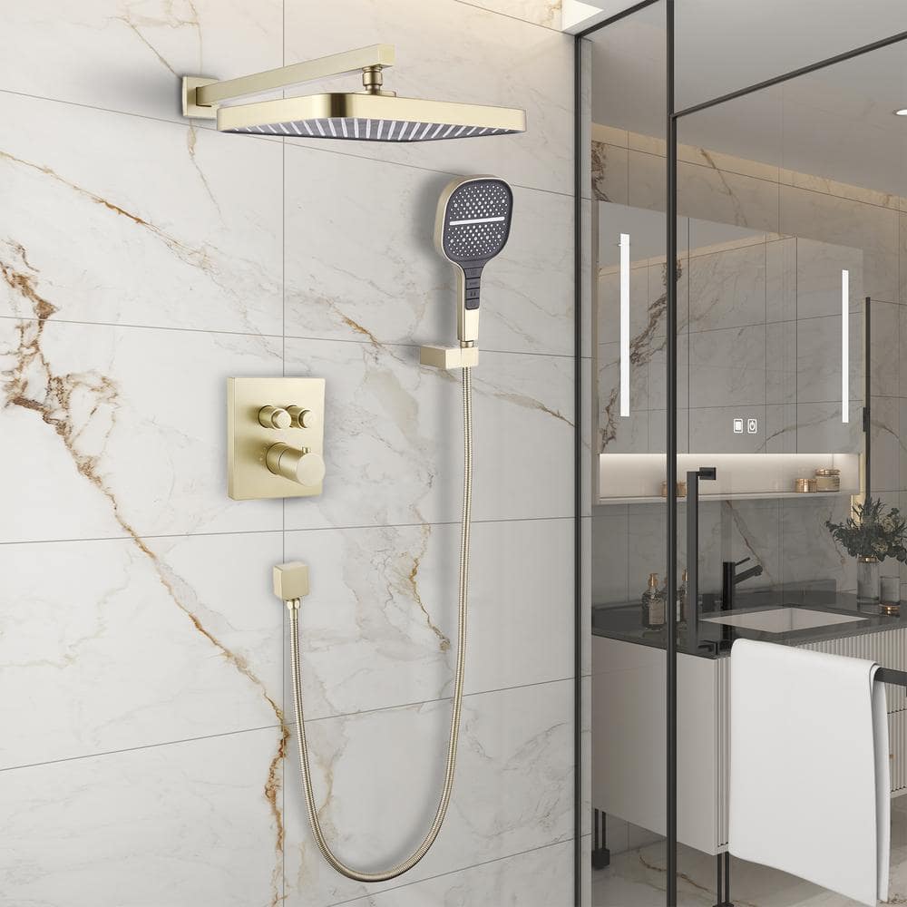 Brushed Gold Dual Square Rainfall Shower System with Handheld