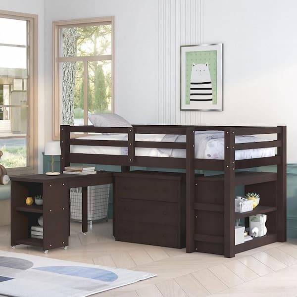 URTR Espresso Twin Size Low Study Loft Bed Frame with Storage Cabinet and Rolling Portable Desk for Kids and Teenagers