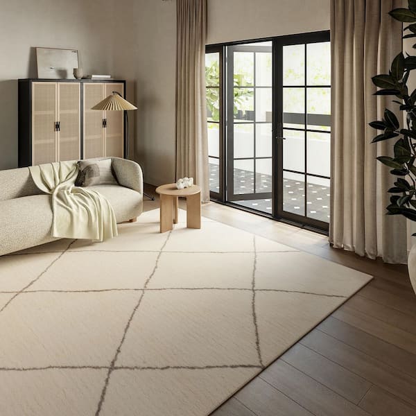 Frenshe Interiors Ivory 9 ft. x 12 ft. Beachwood Trellis Wool Indoor/Outdoor Patio Area Rug