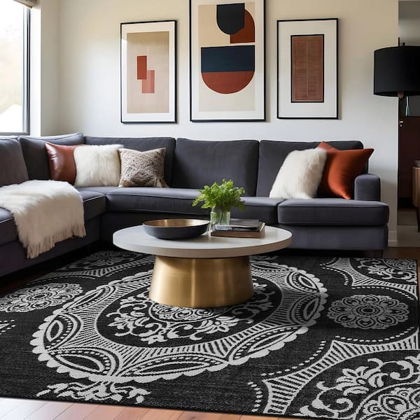 Waikiki Black/Grey 8 ft. x 10 ft. Medallion Indoor Outdoor Area Rug
