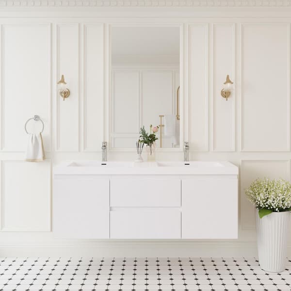 60 in. W x 19.5 in. D x 20.5 in. H Floating Bathroom Vanity in White with solid surface Top White Basin