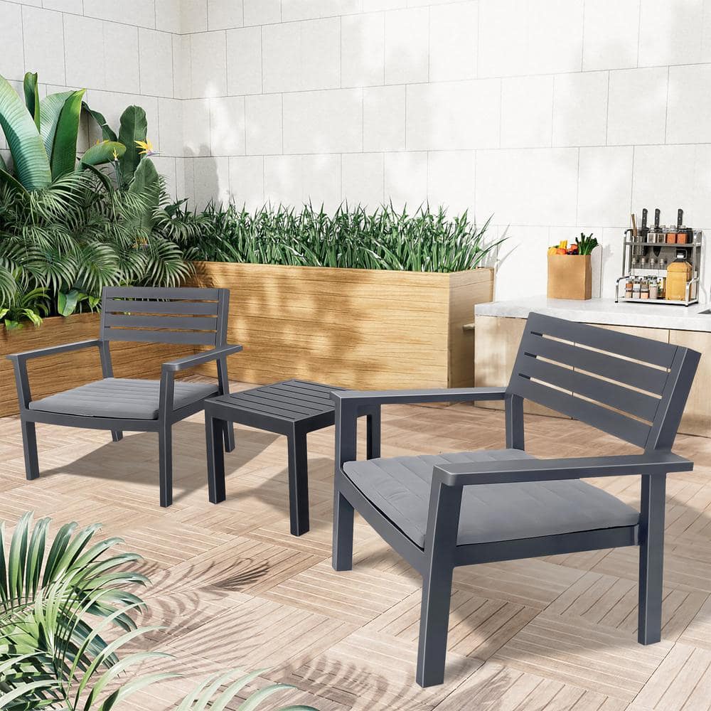 3-Piece Aluminum Patio Conversation Set with Grey Cushion