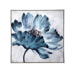 Blue and White Wooden Framed Embellished Handpainted Floral Canvas Wall Art