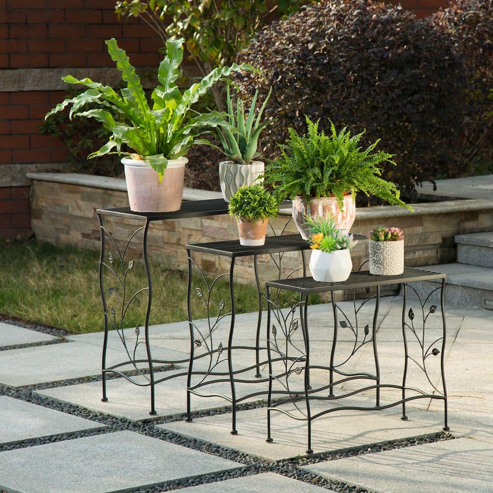 Glitzhome Black Metal Rectangular Nesting Plant Stand (Set of 3