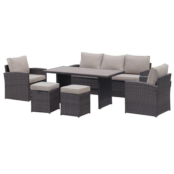 maocao hoom 6-Piece Dark Brown Wicker Patio Conversation Set with Brown Cushions