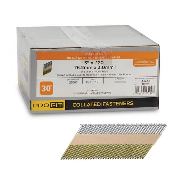 3 in. x 0.120 30-Degree Hot Dipped Galvanized Ring Shank Paper Tape Framing Nails (2500 -Per Box)