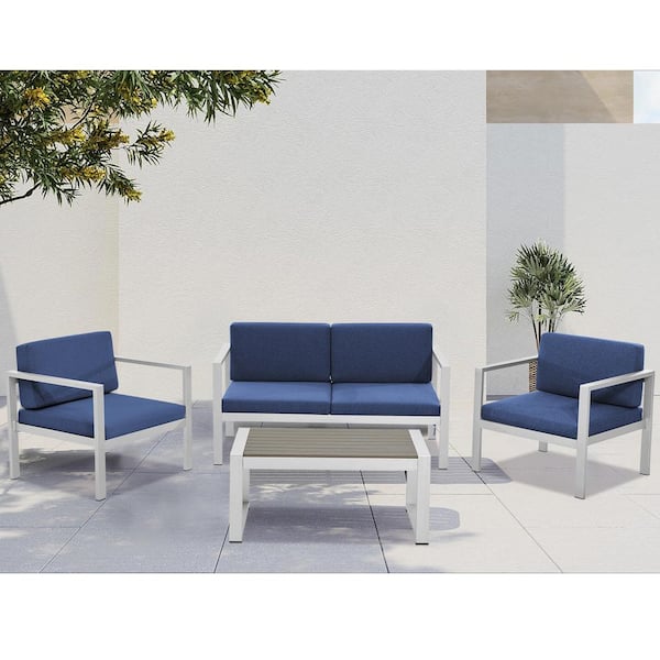 JEAREY 4-Piece Aluminum Patio Conversation Set with Navy Cushions and Coffee Table