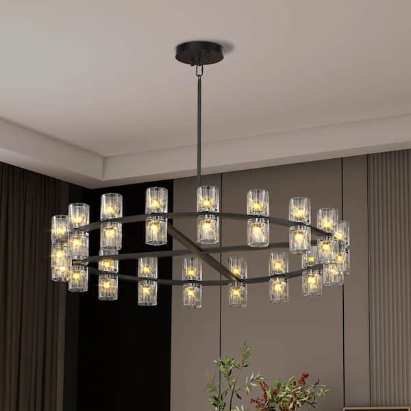 Crysia Modern LED 36 in. 36-Lights Black K9 Crystal Round Chandelier with Bulbs Included, for Dinning Room, Living Room