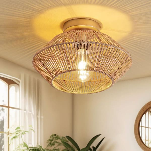 Boho Series 12.6 in. 1-Light Gold Flush Mount with Hand-Woven Rattan Shade and No Bulbs Included (1-Pack)