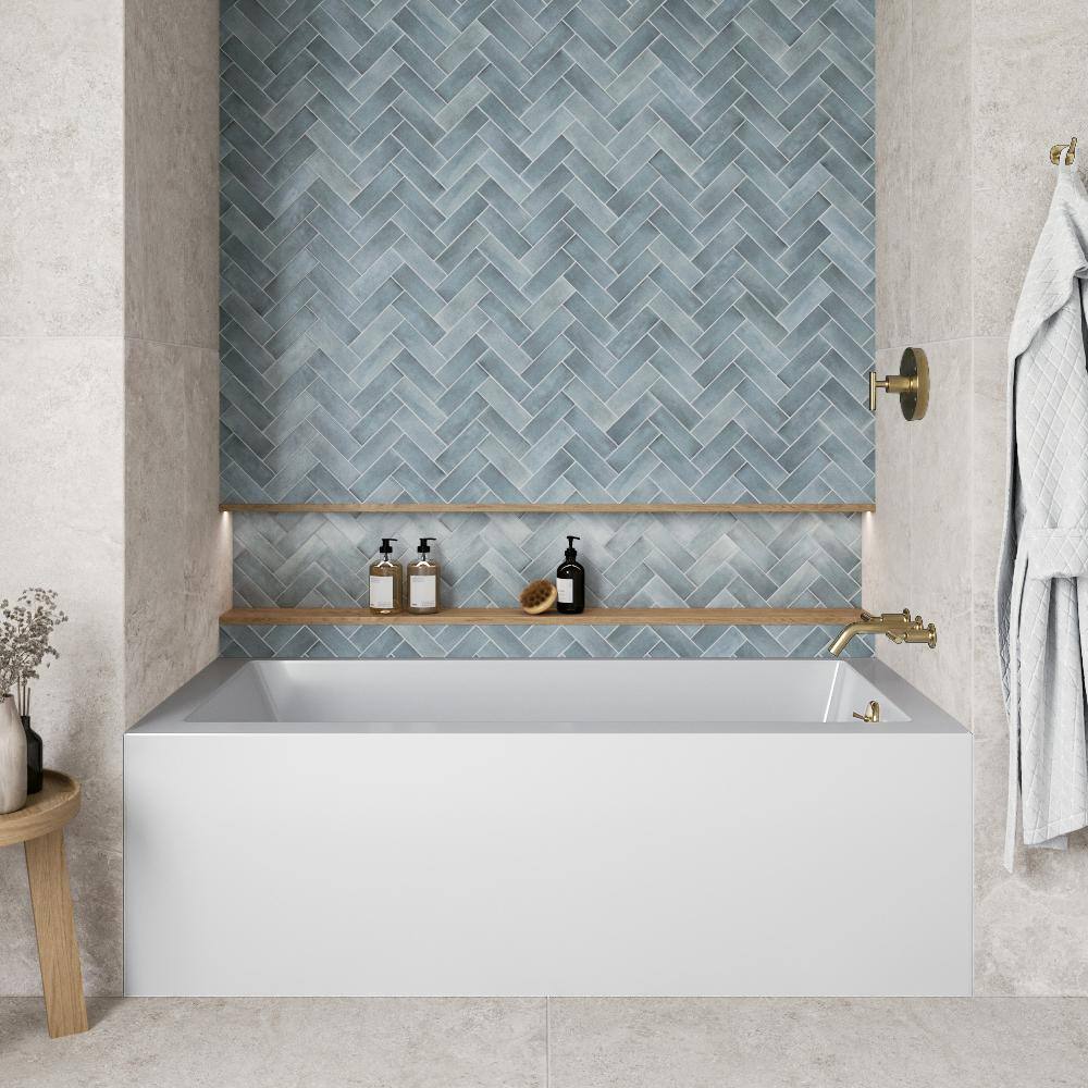 66-Inch Glossy White Acrylic Alcove Bathtub with Polished Brass Drain