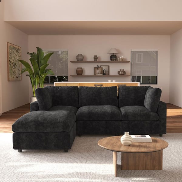 100.5 in. Square Arm Chenille 4-piece L-Shaped Sectional Sofa Couch with Ottoman in Black For Living Room, Apartment