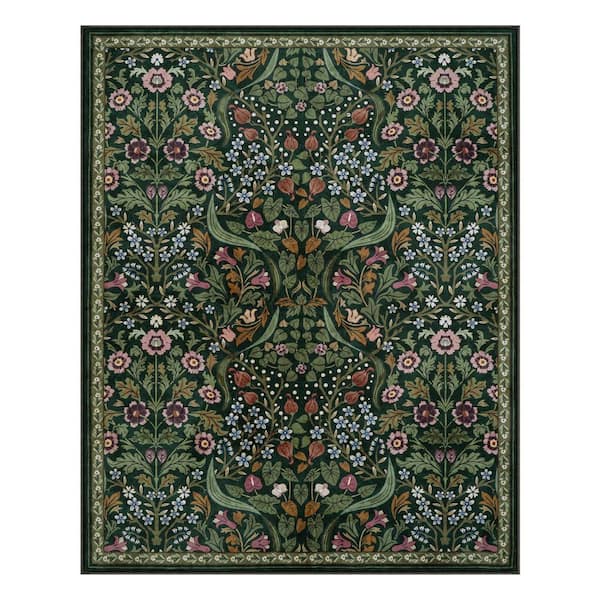 Multi-Colored Floral Plant Washable Green 8 ft. x 10 ft. Area Rug