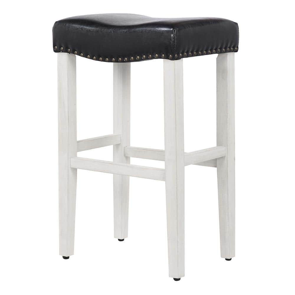 Antique White and Black Leather Saddle Style 29" Bar Stool