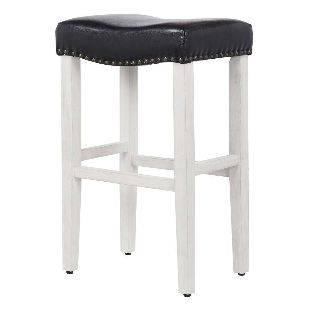 Antique White and Black Leather Saddle Seat Bar Stool, 29"