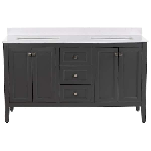 MOEN Darcy 61 in. W x 22 in. D x 39 in. H Double Sink Freestanding Bath Vanity in Shale Gray with Pulsar Cultured Marble Top