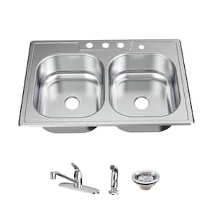 33 in. Drop-In 50/50 Double Bowl 22 Gauge Stainless Steel Kitchen Sink with Faucet and Sprayer