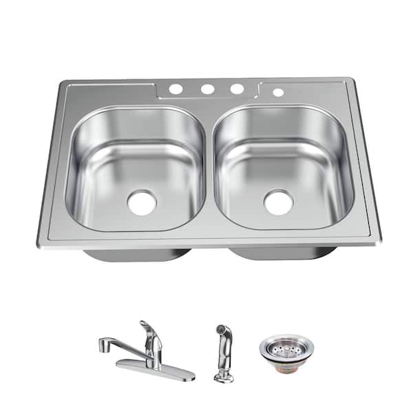 Glacier Bay 33 in. Drop-In 50/50 Double Bowl 22 Gauge Stainless Steel Kitchen Sink with Faucet and Sprayer