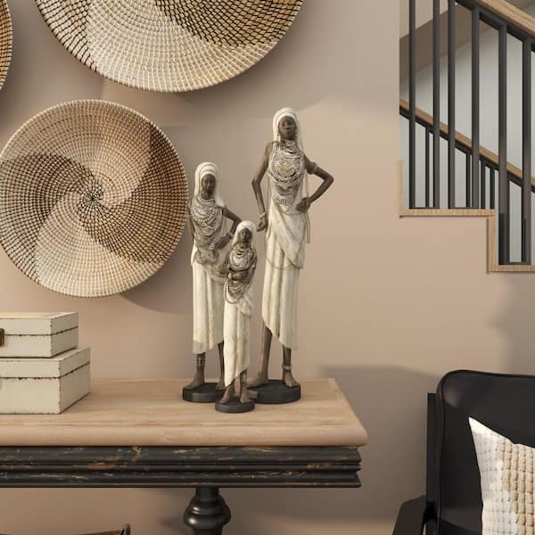White Polystone Standing African Woman Sculpture with Intricate Jeweled Details (Set of 3)