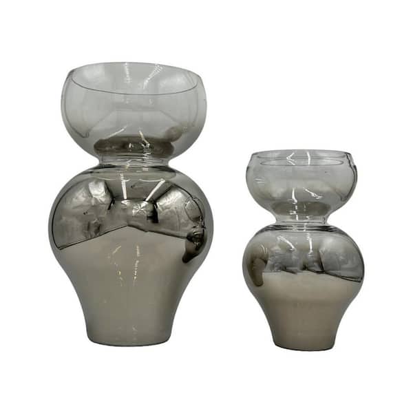 castellousa Silver 13 in. and 9 in. Modern Curved Decorative Gourd Glass Vase Set of 2