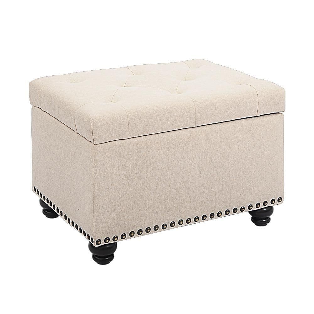 24 in. Beige Modern Tufted Bedroom Storage Ottoman Bench, Rectangular Foots
