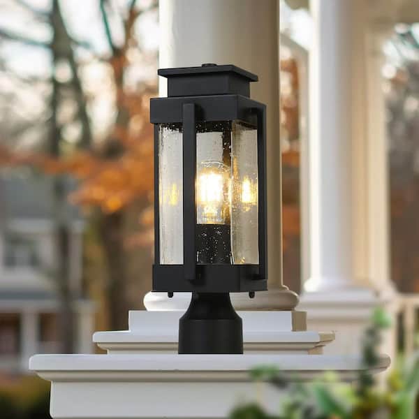 1-Light Black Metal Outdoor Weather Resistant Pier Mount Light Post Lantern with LED Square Fitter