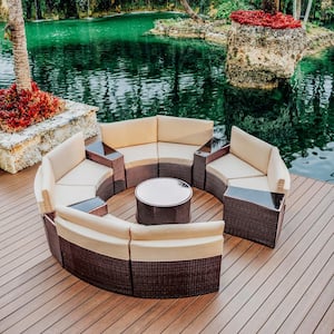 13-Piece Brown Wicker Outdoor Full Round Patio Sectional Sofa Set with Beige Cushions and Round Table