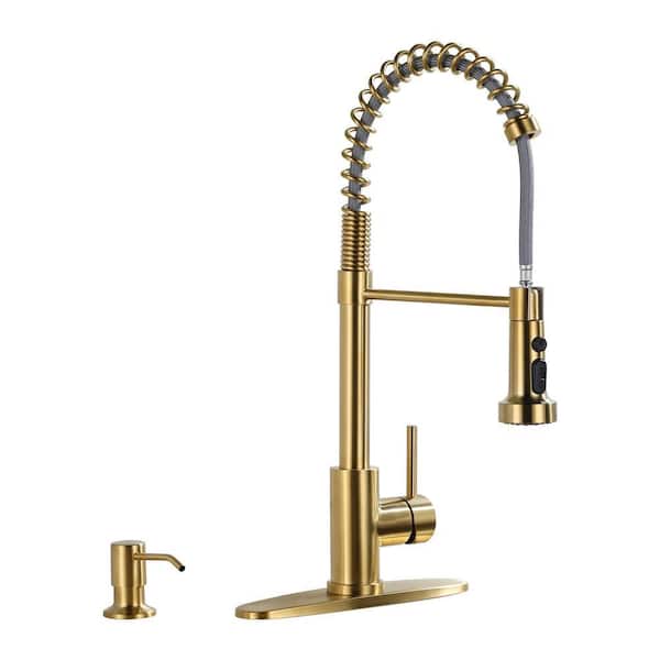 Single Handle Pull Down Sprayer Kitchen Faucet with 3-Mode Advanced Spray and Soap Dispenser in Gold