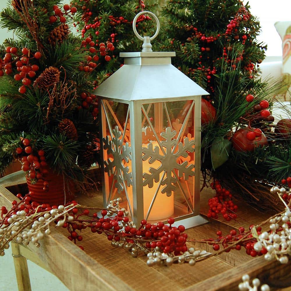 Silver Snowflake Lantern with Flameless LED Candle