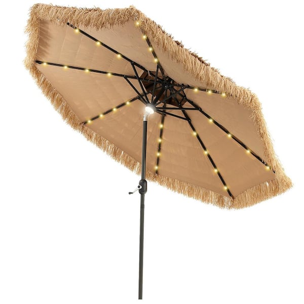 Clihome 9 ft. Solar Powered Thatched Tiki Patio Umbrella Beach Umbrella in Natural Color with 32 LED Lights and 8 Sturdy Ribs