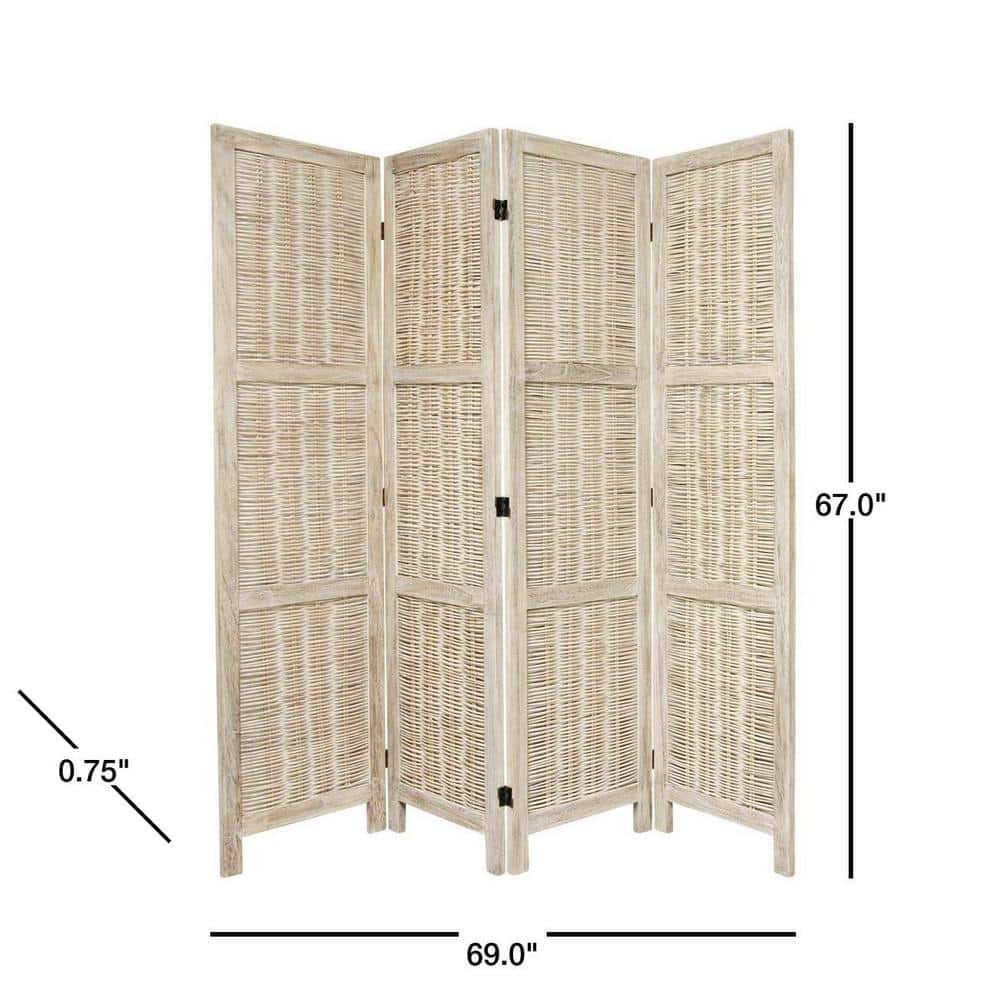 Burnt White Bamboo and Hardwood 4-Panel Folding Room Divider