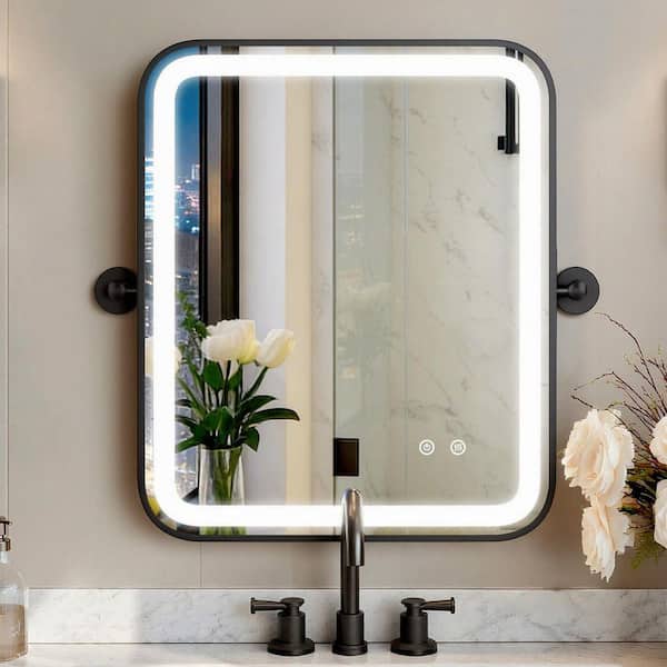 20 in. W x 24 in. H Rounded Rectangular Black Framed LED Lighted Antifog Tilt Pivot Wall Mount Bathroom Vanity Mirror
