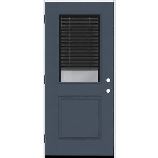 Steves & Sons Legacy 36 in. x 80 in. 1/2 Lite Clear Glass Noir Miniblind RHOS Dark Denim Fiberglass Prehung Door w/4-9/16 in. Jamb