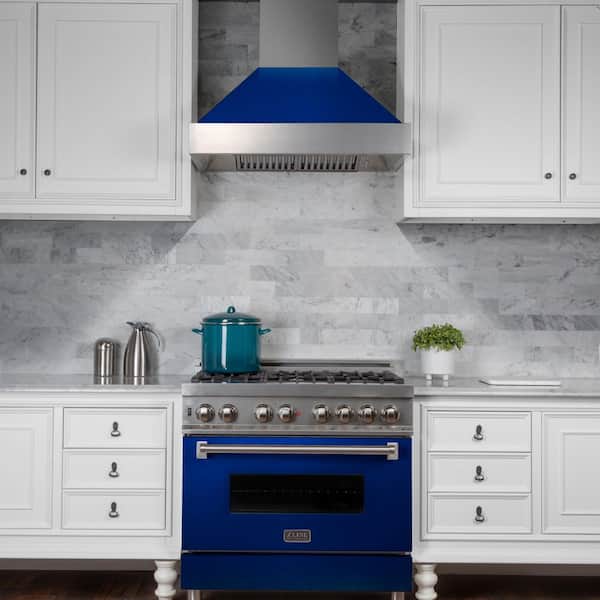 30 in. Legacy Dual Fuel Range with 4 Burners and Electric Convection Oven in Satin Stainless Steel and Blue Gloss Door