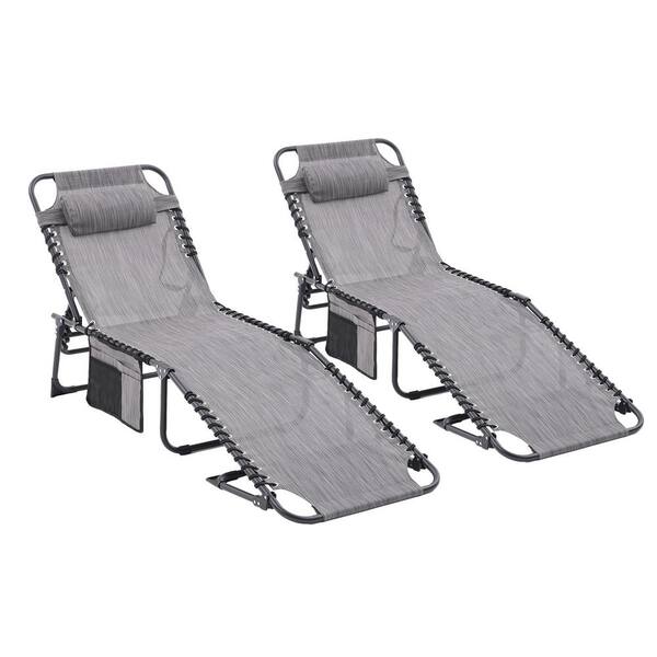 grossag 2-Piece Ash Gray Metal Outdoor Chaise Lounge with Pocket and Pillow, Adjustable Backrest for Lawn, Sunbathing and Beach