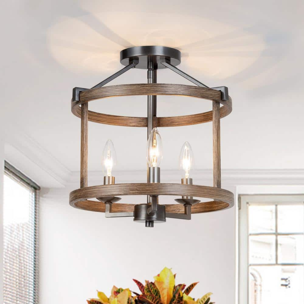 LNC Modern Farmhouse Brown Drum Semi Flush Mount 3-Light Faux Wood Textured  Candlestick Bedroom Living Room Ceiling Lighting A03411 - The Home Depot