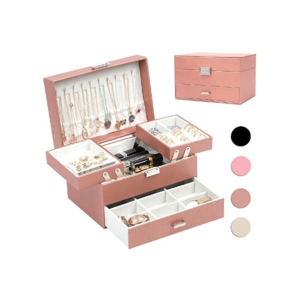 3 Layers 6 in. D x 9 in. W x 6 in. H Rose Gold Rectangular Faux Leather Large Jewelry Stand