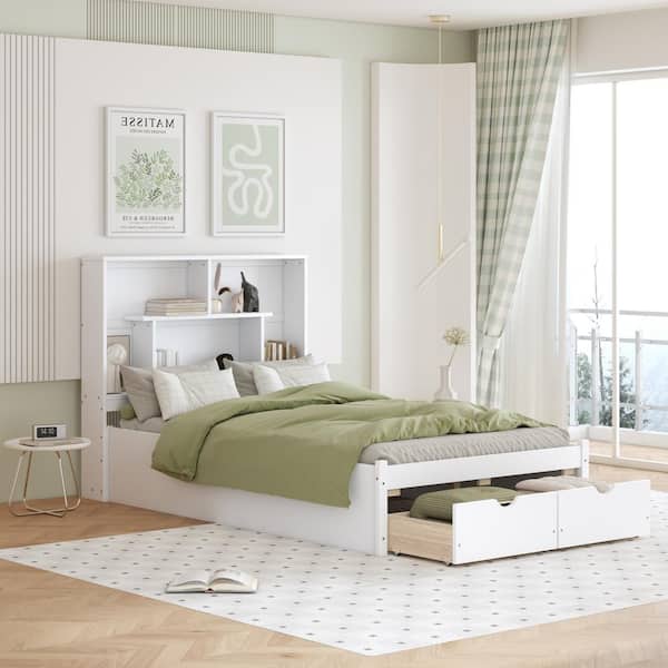 Qualler White Wood Frame Full Size Platform Bed with Storage Headboard and Drawer