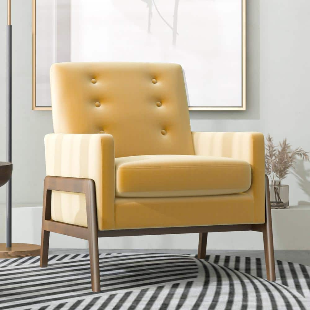Steven Mid-Century Yellow Velvet and Wood Accent Armchair