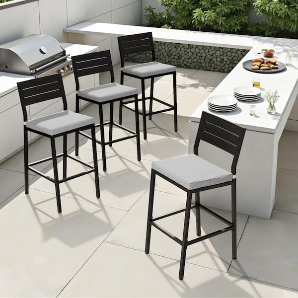 Patio Metal Outdoor Bar Stool with Light Gray Cushions (Set of 4)