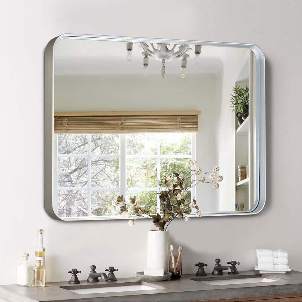 Silver 32 in W x 50 in. H Rectangle Aluminium Framed Mirror, Rectangle Bath
